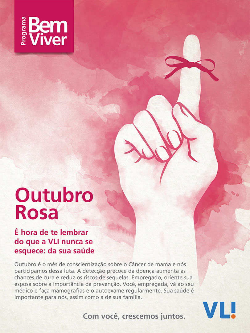 Popcorn Comunicação VLI Outubro Rosa prevenção câncer de mama Programa Bem Viver design cartaz desenho saúde lembrete